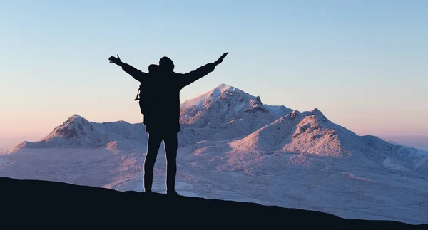 Silhouet Van Een Reiziger Bergen — Stockfoto