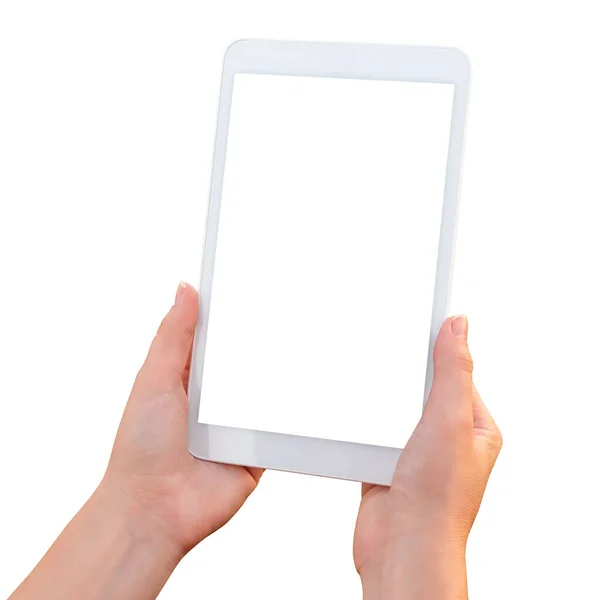 Dijital Tablet Ellerinde Beyaz Arkaplanda Izole — Stok fotoğraf