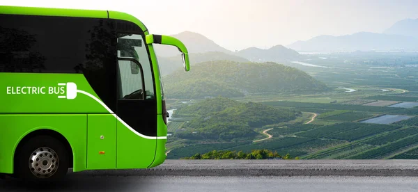 Electric Tourist Bus Front Mountain Valley — Stock Photo, Image