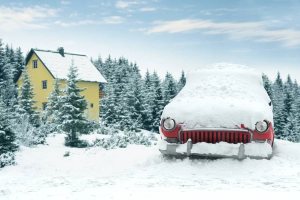 Voiture Rétro Recouverte Neige Sur Fond Une Maison Bois — Photo