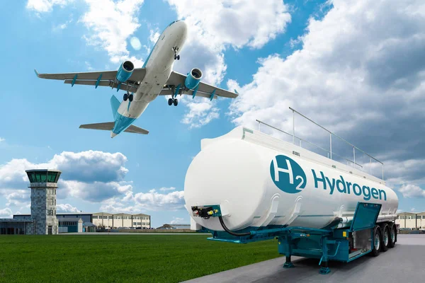Uçak ve hidrojen tankı römorku — Stok fotoğraf
