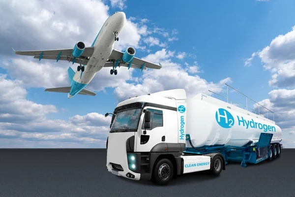 Avião Caminhão Com Tanque Hidrogênio Reboque Novas Fontes Energia — Fotografia de Stock