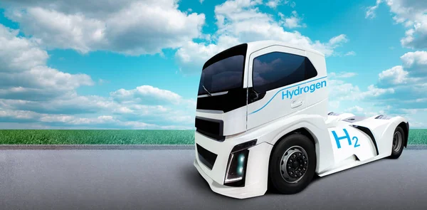Caminhão Com Combustível Hidrogénio Num Fundo Campo Verde Céu Azul — Fotografia de Stock