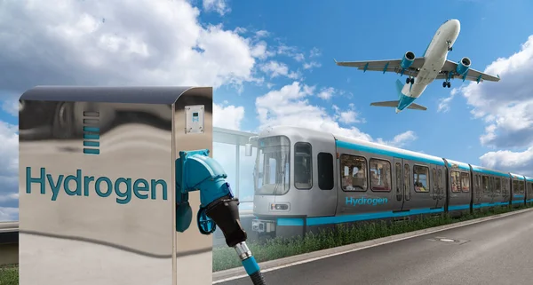 Eine Wasserstofftankstelle Vor Dem Hintergrund Von Brennstoffzellenzug Und Flugzeug Neue — Stockfoto