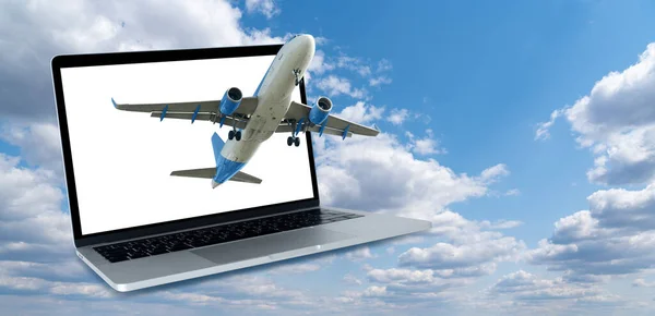 Самолет Заднем Плане Ноутбука Белым Экраном Шаблон Бронирования Билетов Онлайн — стоковое фото