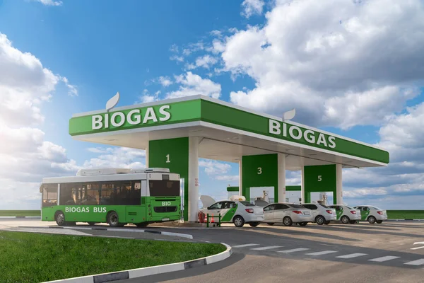 Autobus Auto Alla Stazione Rifornimento Biogas Concetto Trasporto Zero Emissioni — Foto Stock