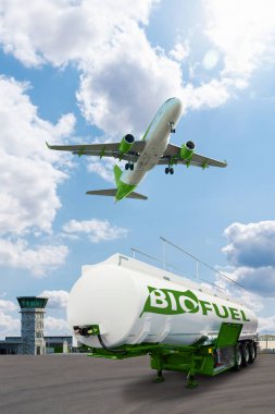 Airplane and bioguel tank trailer on the background of airport. New energy sources clipart