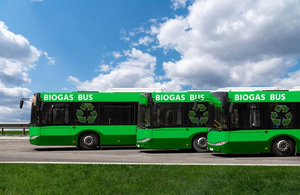 Автобусы Биогазе Городской Улице Концепция Углеродно Нейтрального Транспорта — стоковое фото