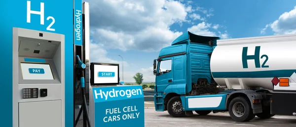 装有氢燃料罐拖车的卡车 底座为氢气加油站 — 图库照片