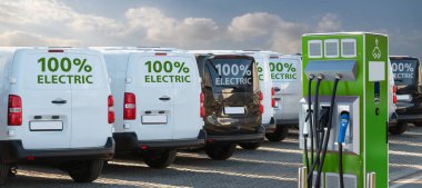 Electric vehicles charging station on a background of a row of vans clipart