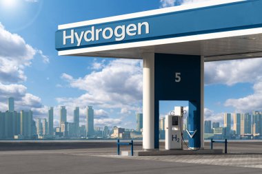 Hydrogen filling station on a background of modern city landscape. Concept  clipart