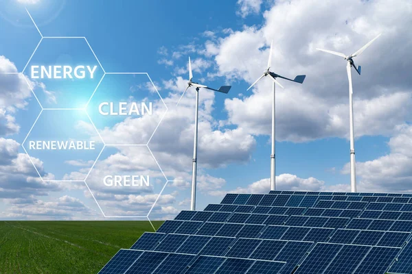 Solpaneler Och Vindkraftverk Med Infografik Begreppet Ren Förnybar Energi — Stockfoto