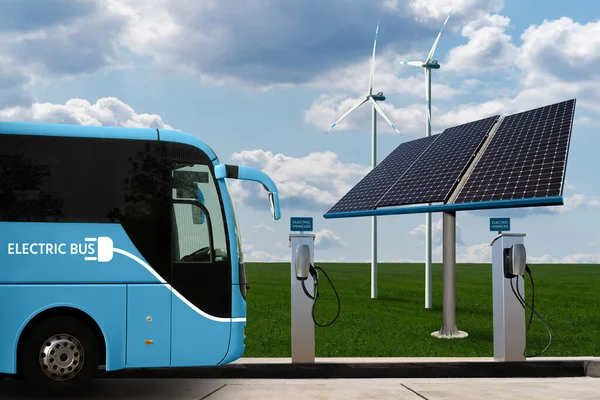 Electric bus with charging station on a background of Solar panels and wind turbines