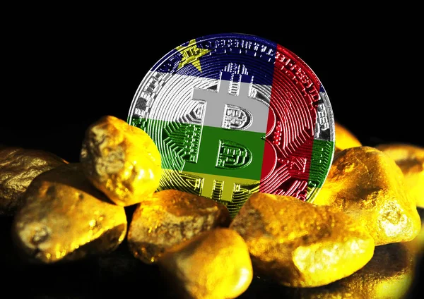 Bitcoin is marked with the flag of Central African republic, against the background of gold ore