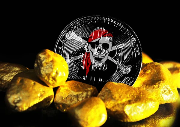 Bitcoin is marked with the flag of pirate, against the background of gold ore