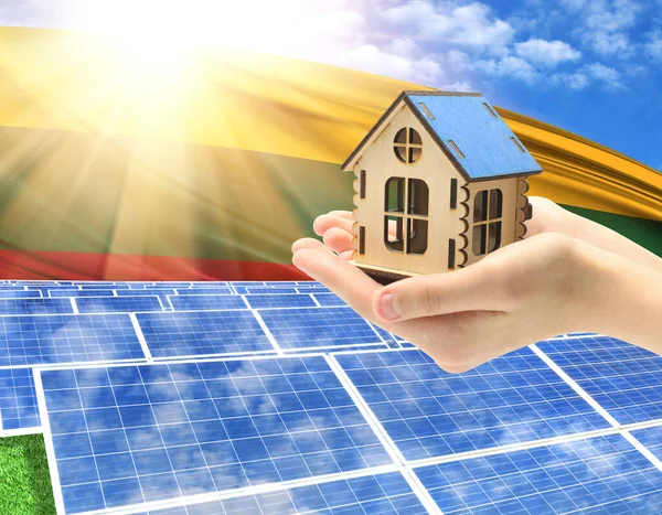 The photo with solar panels and a woman\'s palm holding a toy house shows the flag of Lithuania in the sun.