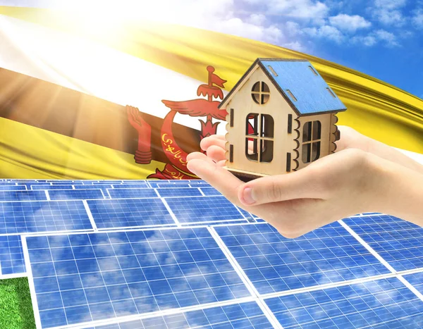 The photo with solar panels and a woman\'s palm holding a toy house shows the flag of Brunei in the sun.