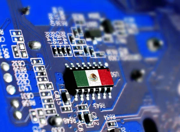 Electronic board with embedded microchip and shown flag of Mexico. The concept of modern computer technologies.