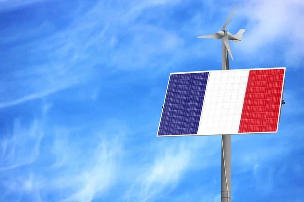 Solar panels against a blue sky with a picture of the flag of France