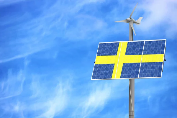 Solar panels against a blue sky with a picture of the flag of Sweden
