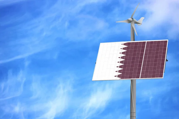 Solar panels against a blue sky with a picture of the flag of Qatar