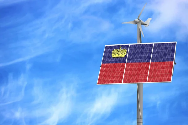 Solar panels against a blue sky with a picture of the flag of Liechtenstein