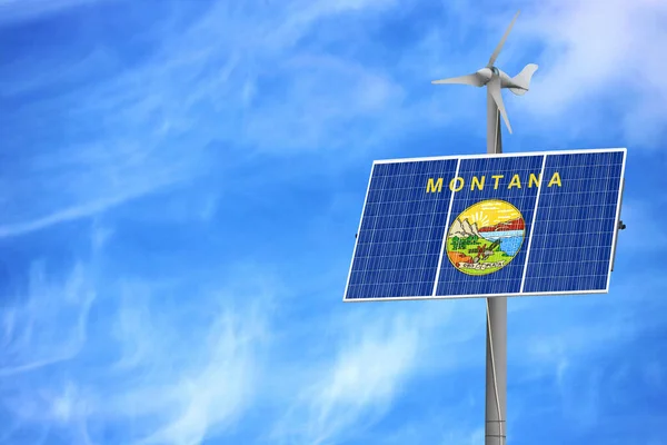 Solar panels against a blue sky with a picture of the flag State of Montana