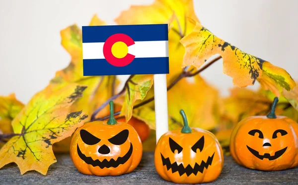 Colorful Halloween background with smiley pumpkins and toy flag of State of Colorado