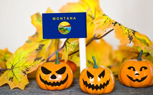 Colorful Halloween background with smiley pumpkins and toy flag of State of Montana