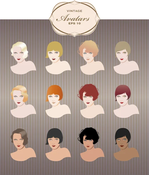 Vintage Girls Avatars. Retro Style — Stock Vector