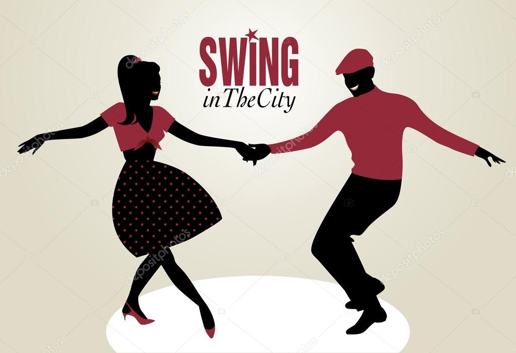 Siluetas de swing bailes de pareja joven — Vector de stock 107469352