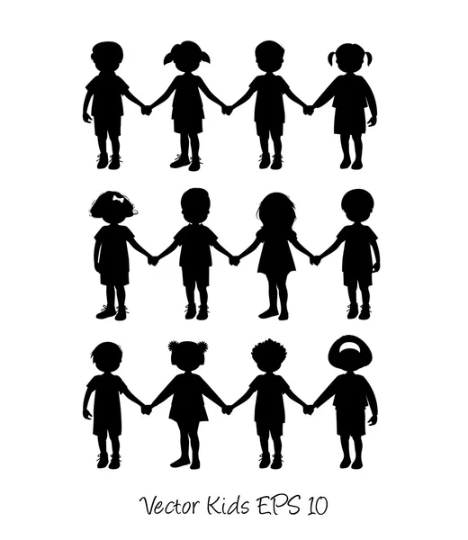 Set of little kids silhouettes isolated holding hands — Stock Vector