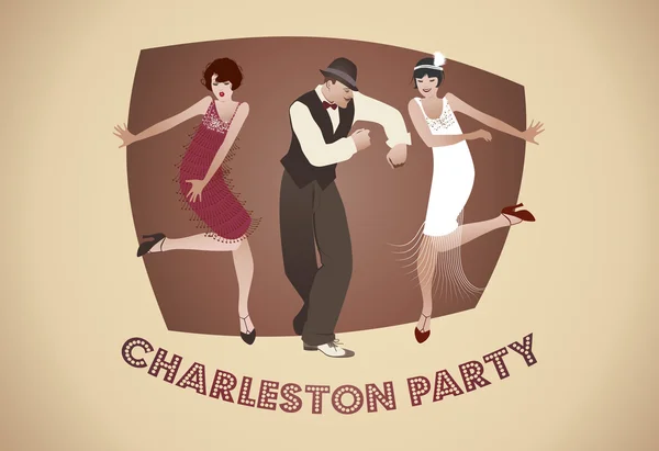 Charleston Party. Man and funny girls dancing charleston. — Stock Vector