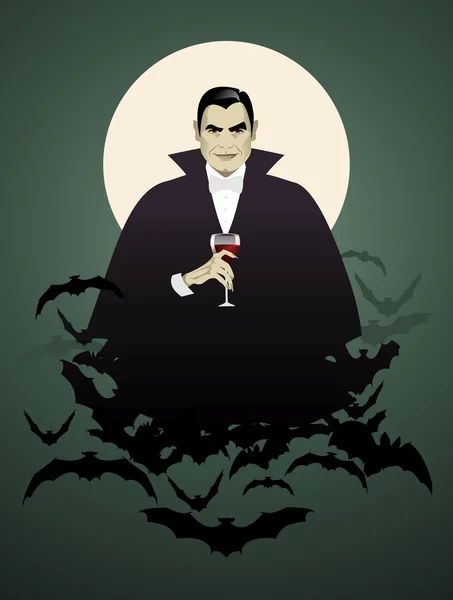 Elegante vampier op een wolk van vleermuizen houden een wijnglas — Stockvector