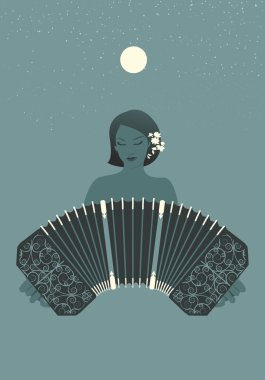 Ay ve yıldızlar altında Bandoneon oynayan kadın