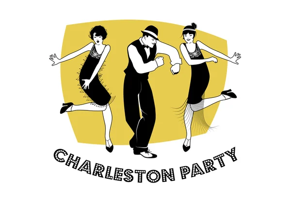 Festa de Charleston. Homem e meninas engraçadas dançando charleston — Vetor de Stock