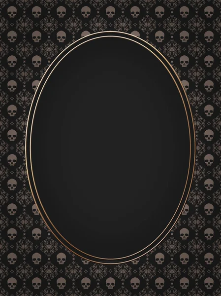 Oval gold frame on vampire skulls background, vintage Victorian or romantic Halloween style.