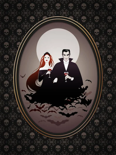 Vampir Çiftin Şarap Içtiği Altın Çerçeve Resimli Kafatası Arka Planında — Stok fotoğraf