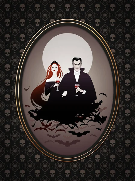 Gold frame with vampire couple drinking wine, surrounded by bats, on illustrated skull background.