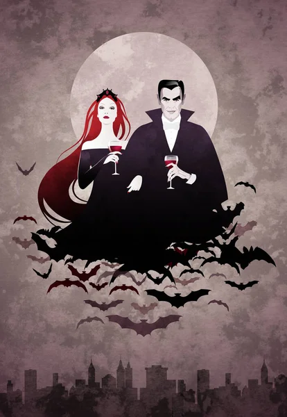 吸血鬼のカップルがワインを飲んで街中のコウモリの雲に浮かんで — ストック写真