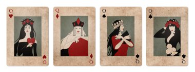 Eski ve eski kağıt üzerinde dört kraliçe poker kartı, beyaz arka planda izole edilmiş..