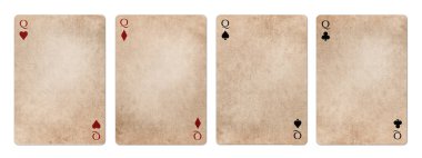 Resimler, eski moda poker kartlarının beyaz arka planında izole edilmiş. Boşluk alanı.
