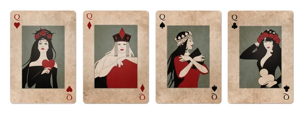 Quatre Reines Cartes Poker Sur Papier Vieux Vieux Isolées Sur — Photo