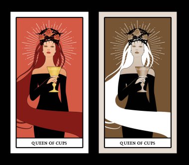 Taçlı kupa kızı, güller ve dikenler, elinde altın bir kupa var. Minor Arcana Tarot kartları. İspanyolca oyun kartları.