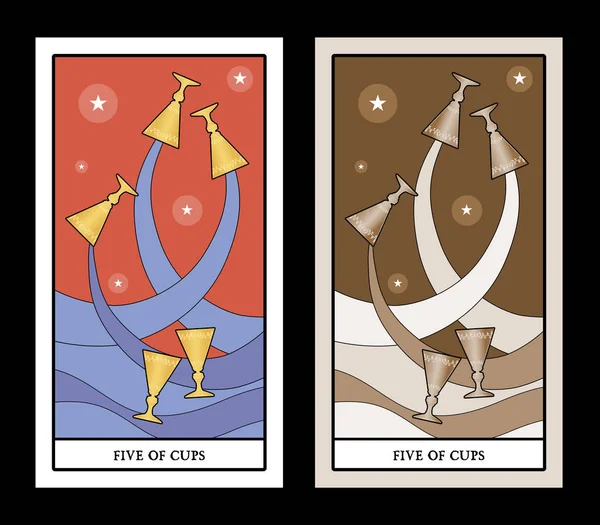 Csészével Tarot Kártyák Három Arany Pohár Ömlött Tengerbe Vagy Folyóba — Stock Vector