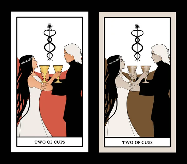 Two Cups Tarot Cards Young Couple Offering Golden Cup Each — Stock Vector