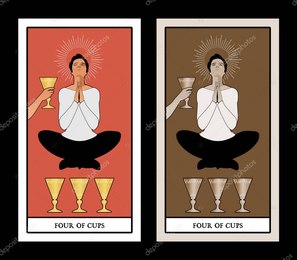 Four of Cups. Tarot cards. Young man in an attitude of meditation and prayer, levitating over three golden cups and ignoring the cup offered by an anonymous hand.