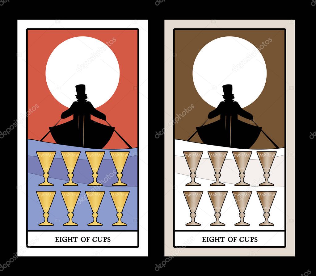 Eight of cups. Tarot cards. Boat silhouette on the waves, in which a man with a hat is rowing, moving away on the horizon. Eight golden cups in the foreground