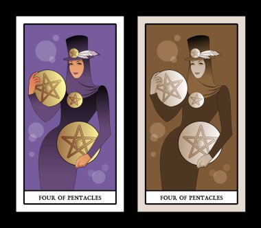 Beş köşeli yıldız. Tarot kartları. Güzel ve zarif zengin bir kadın. Tüylü bir şapka takıyor ve dört tane altın pentacım var.