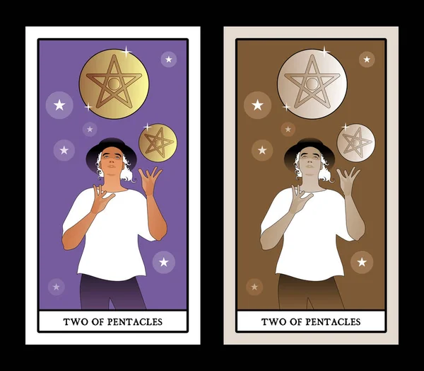 Két Ötágú Tarot Kártyák Egy Fiatalember Kalapban Két Arany Pentagrammal — Stock Vector